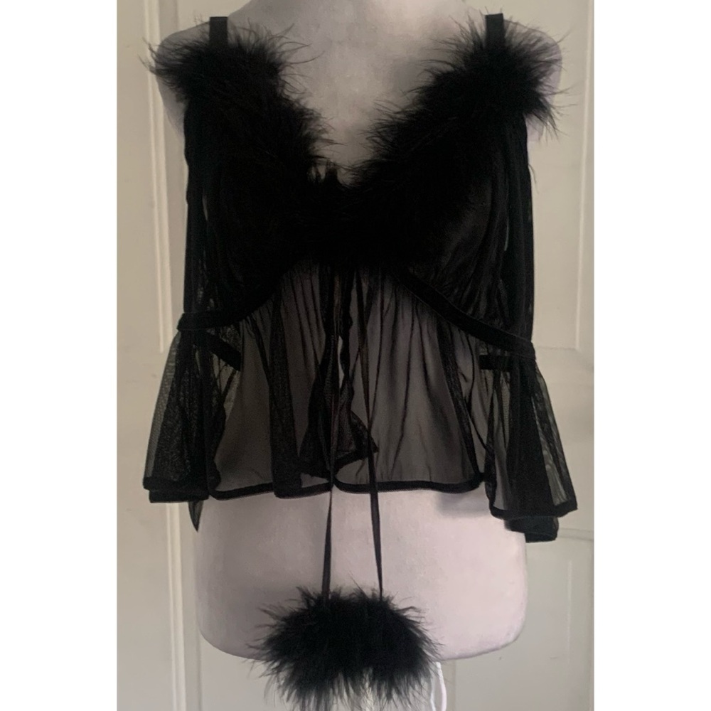 Torrid Womens Size 4 Black Sheer Faux Fur Trim Pom Pom Bralet Top Feminine Sleep